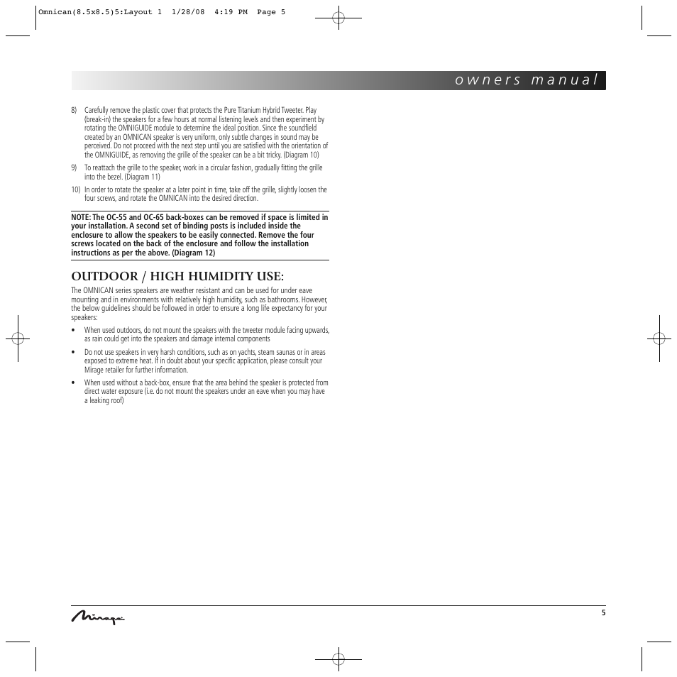 Outdoor / high humidity use | Mirage Omnican OC-65 User Manual | Page 5 / 42