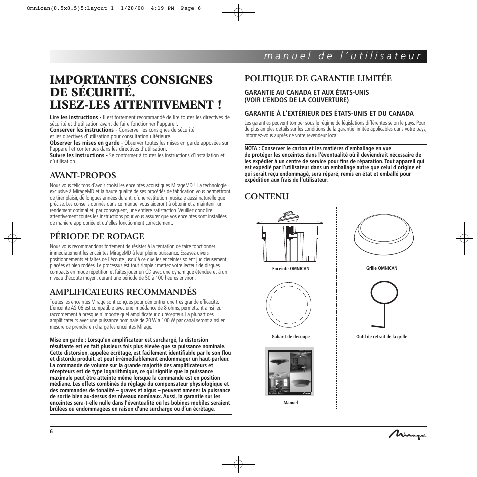 Avant-propos, Période de rodage, Amplificateurs recommandés | Politique de garantie limitée, Contenu | Mirage Omnican OC-65 User Manual | Page 6 / 42