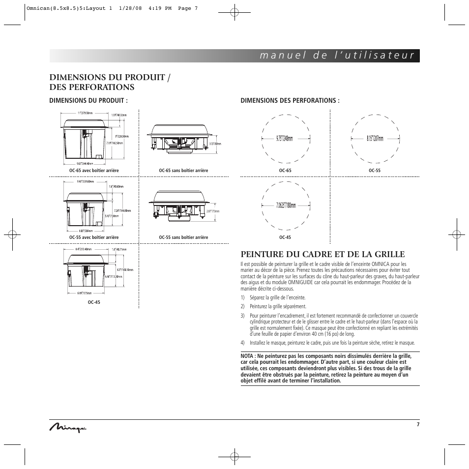 Dimensions du produit / des perforations, Peinture du cadre et de la grille | Mirage Omnican OC-65 User Manual | Page 7 / 42