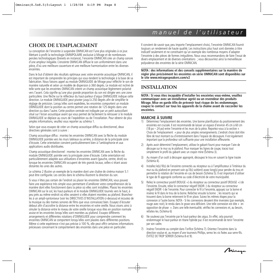 Choix de l’emplacement, Installation | Mirage Omnican OC-65 User Manual | Page 8 / 42