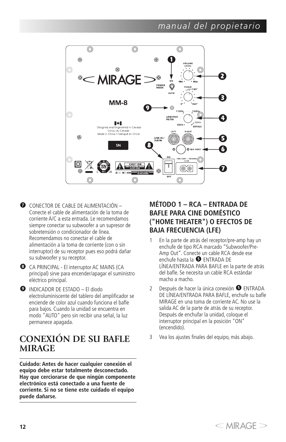 Conexión de su bafle mirage | Mirage MM-8 User Manual | Page 12 / 44