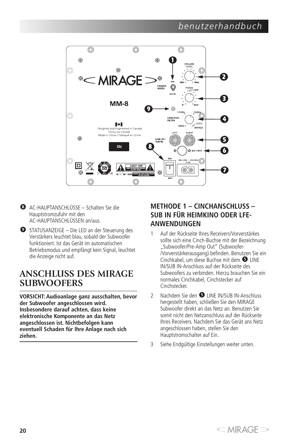 Anschluss des mirage subwoofers | Mirage MM-8 User Manual | Page 20 / 44