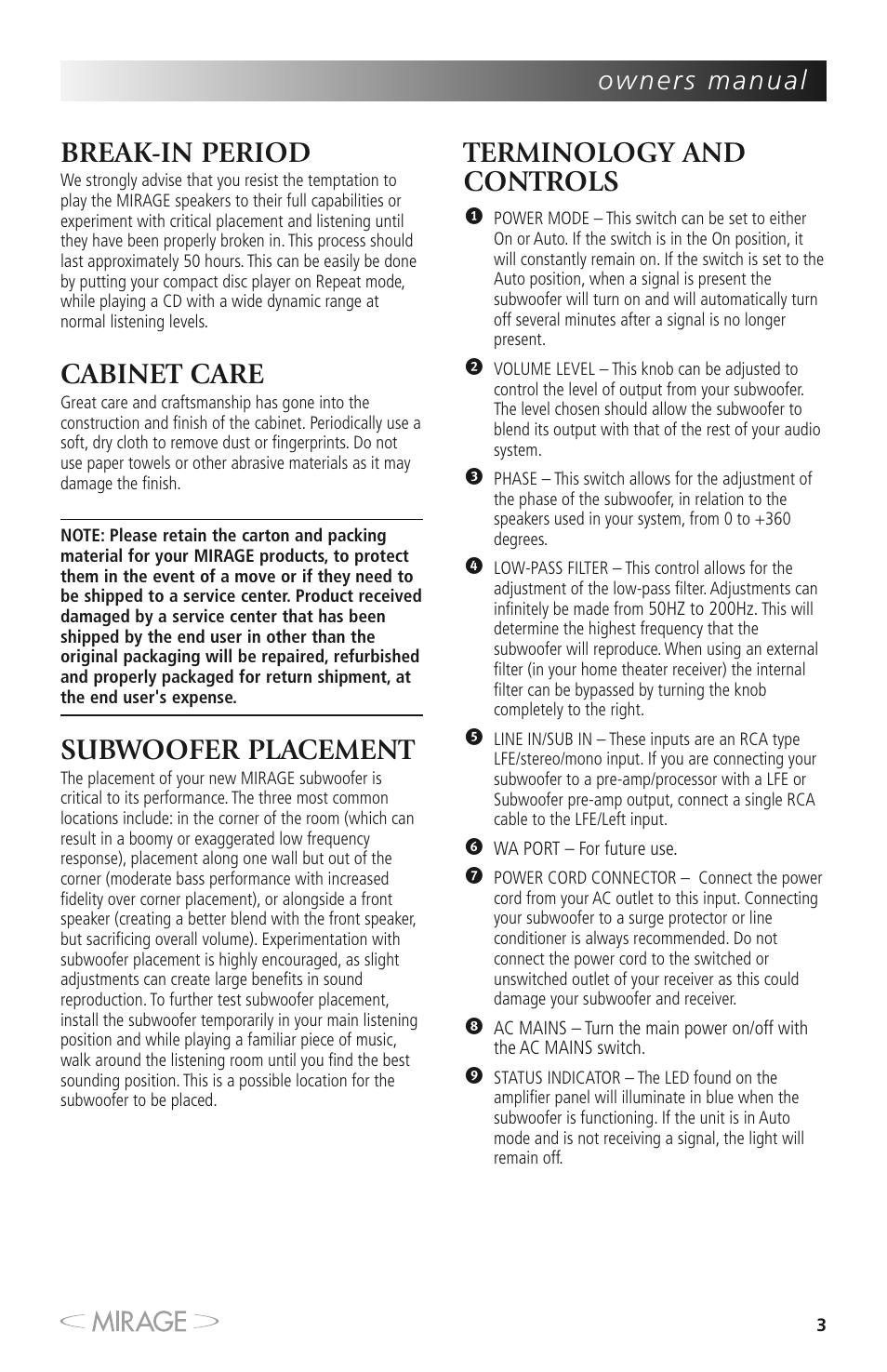 Break-in period, Cabinet care, Subwoofer placement | Terminology and controls | Mirage MM-8 User Manual | Page 3 / 44