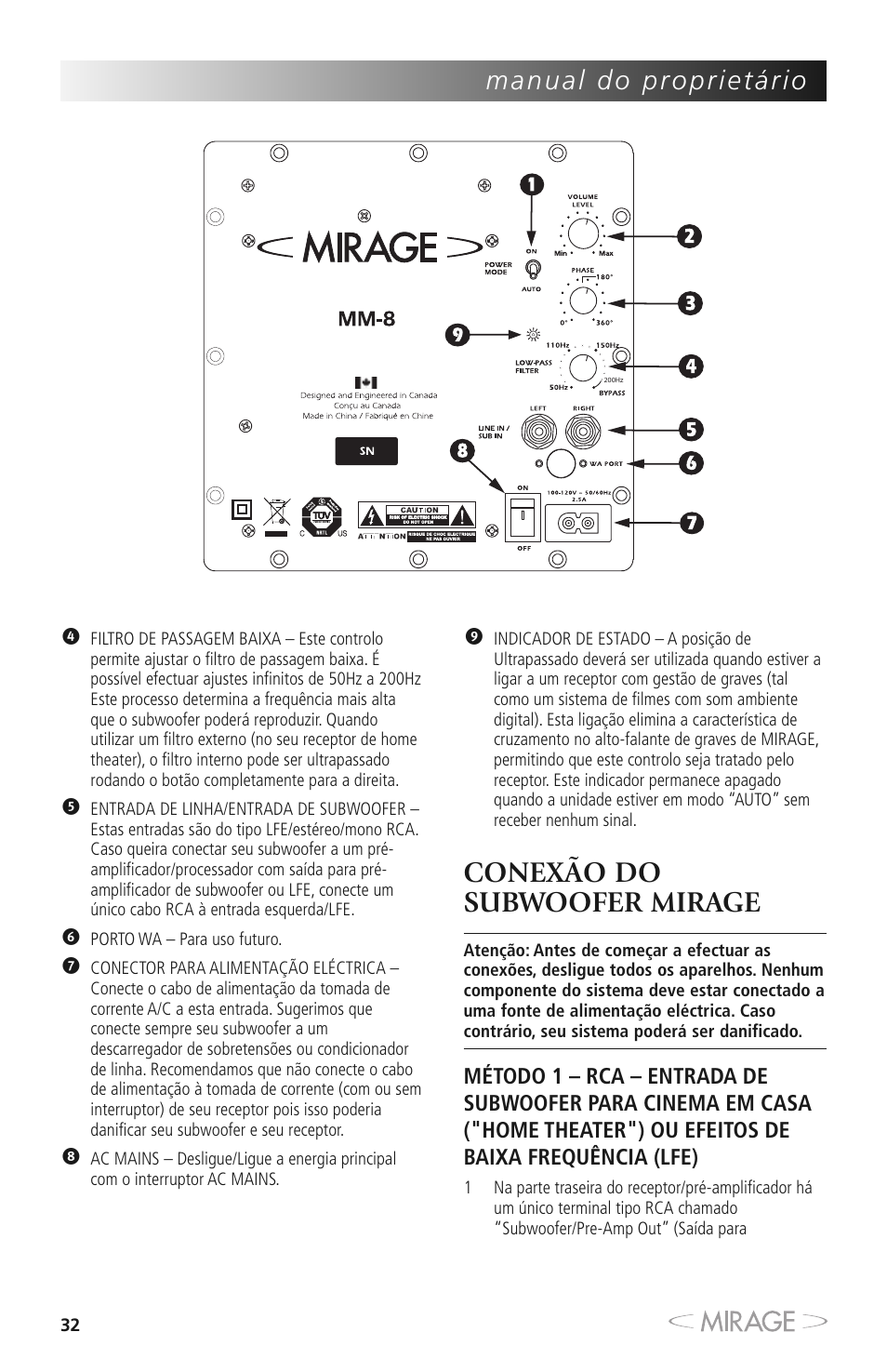 Conexão do subwoofer mirage | Mirage MM-8 User Manual | Page 32 / 44