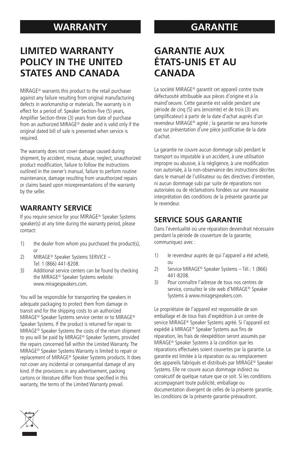 Garantie aux états-unis et au canada, Warranty service, Service sous garantie | Mirage MM-8 User Manual | Page 44 / 44