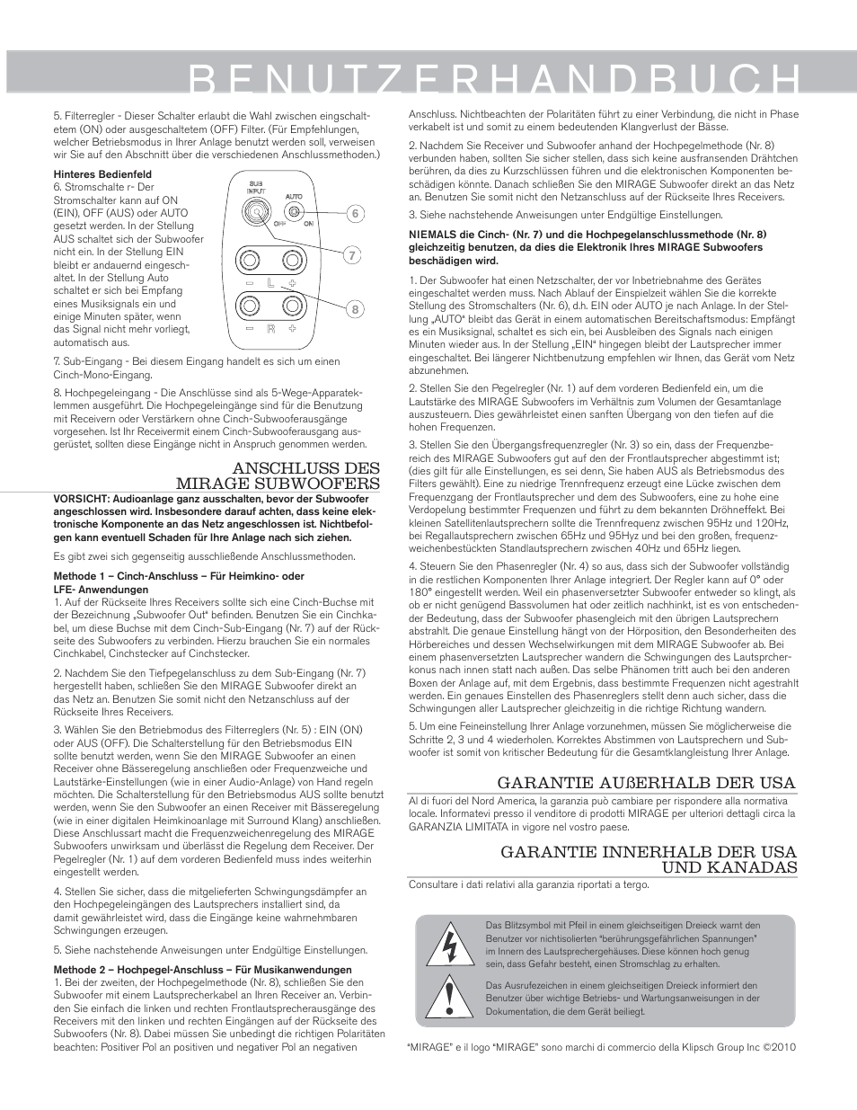 Garantie außerhalb der usa | Mirage Omni S10 User Manual | Page 11 / 22