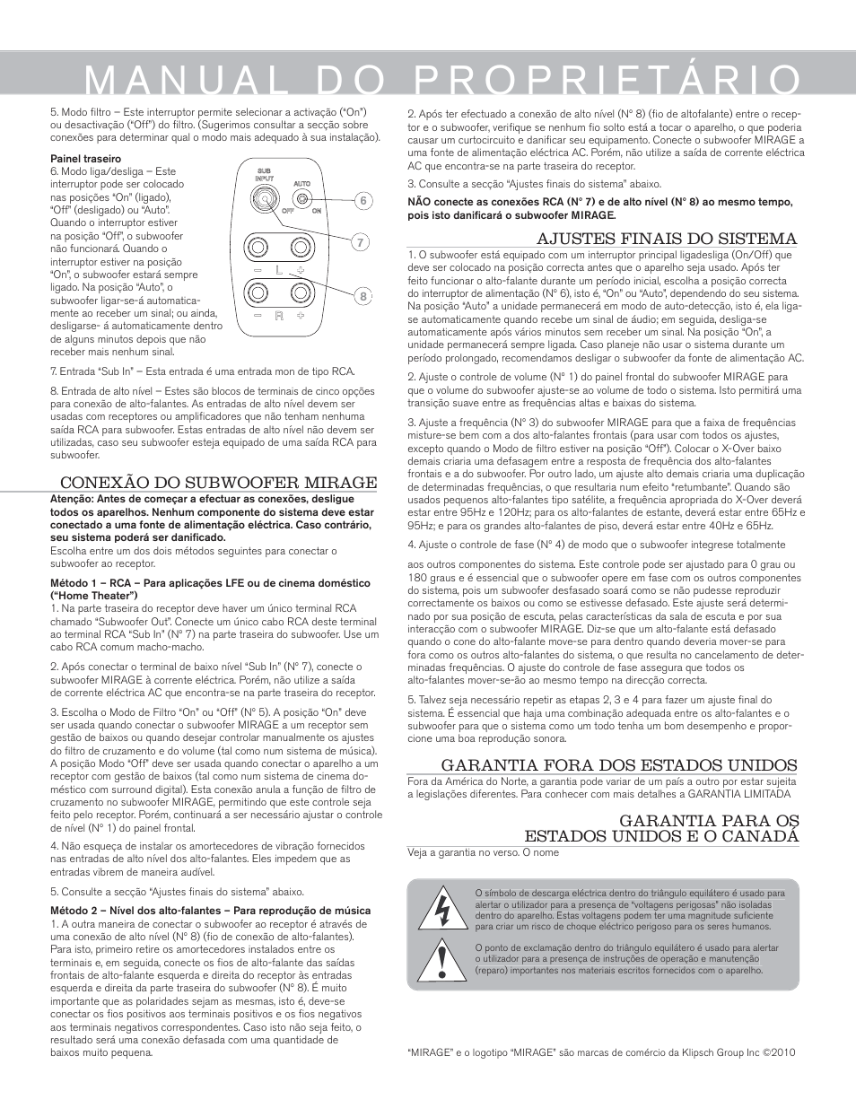 Garantia fora dos estados unidos | Mirage Omni S10 User Manual | Page 17 / 22