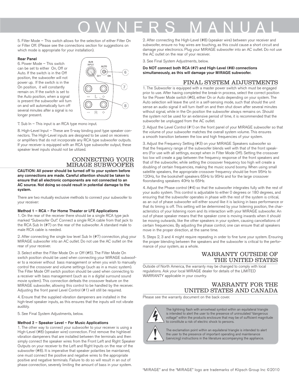 Final system adjustments, Connecting your mirage subwoofer | Mirage Omni S10 User Manual | Page 3 / 22