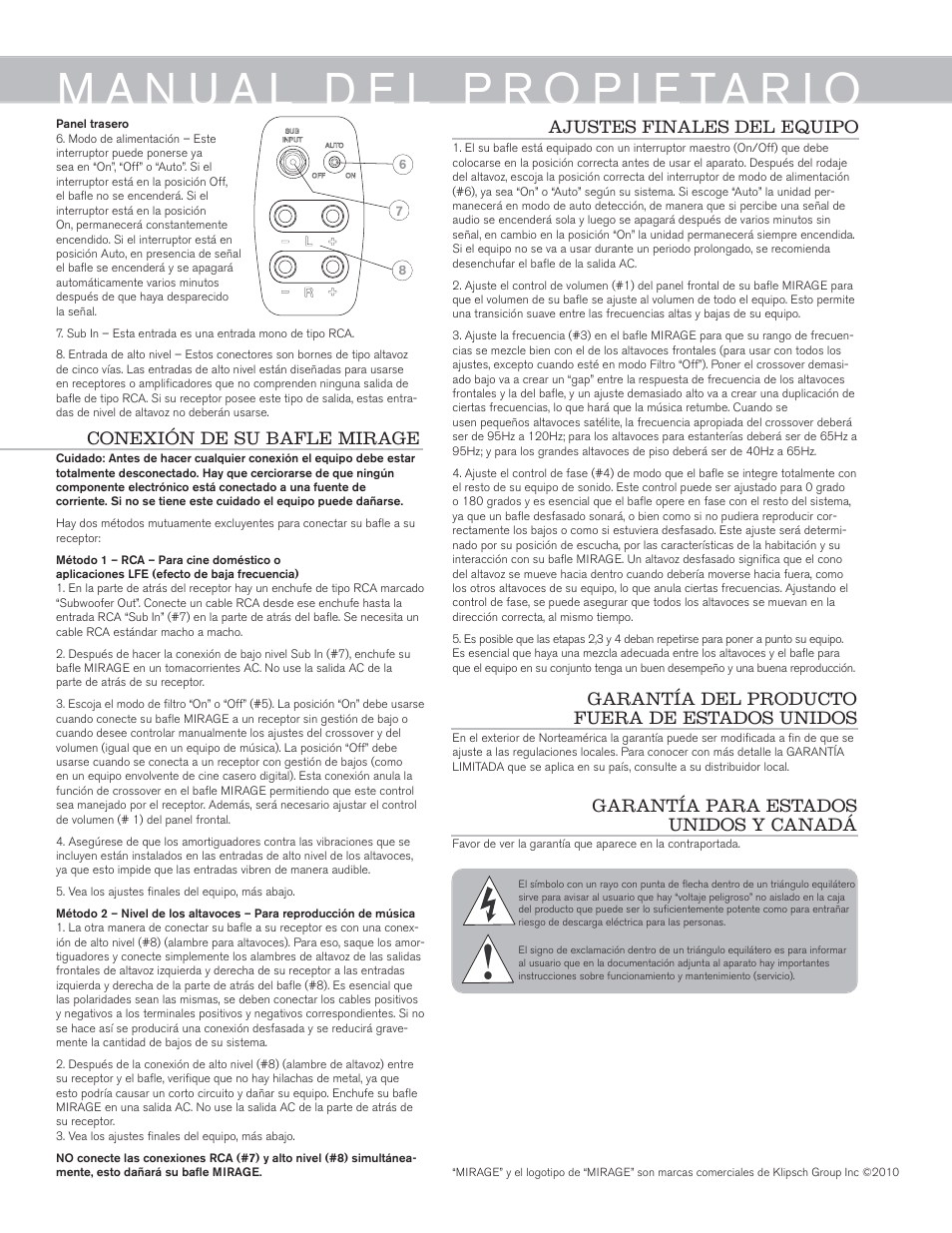 Garantía para estados unidos y canadá | Mirage Omni S10 User Manual | Page 7 / 22