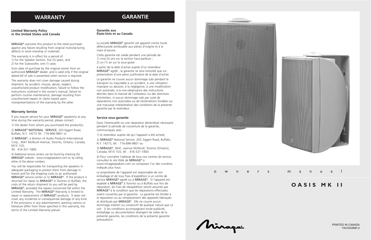 Mirage Oasis MK II User Manual | 8 pages