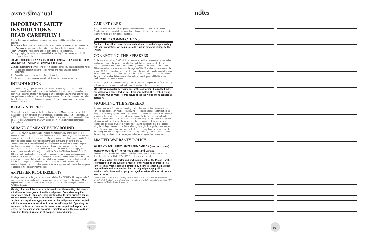 Important safety instructions - read carefully | Mirage Oasis MK II User Manual | Page 2 / 8