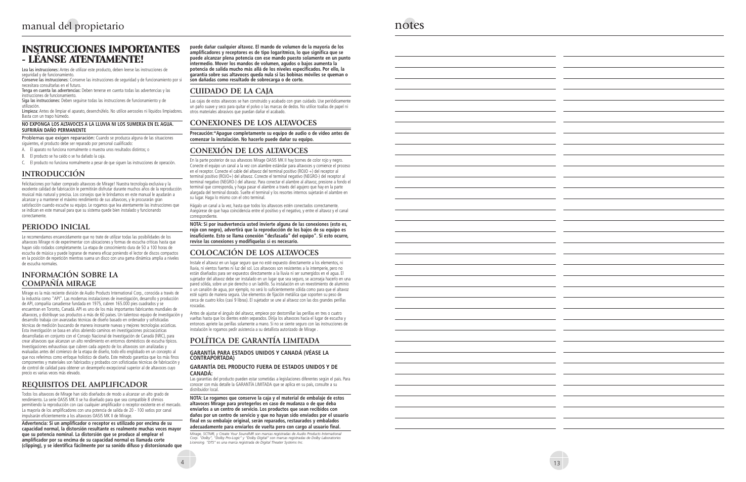 Instrucciones importantes - léanse atentamente, Manual del propietario | Mirage Oasis MK II User Manual | Page 4 / 8