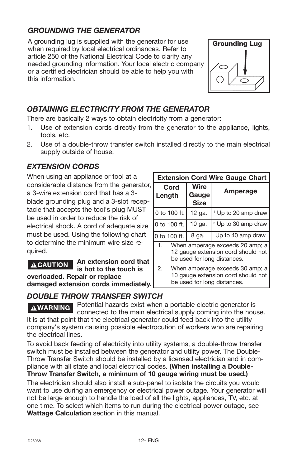 Extension cords, Double throw transfer switch, Grounding the generator | Obtaining electricity from the generator | DeVillbiss Air Power Company D26968 User Manual | Page 12 / 72