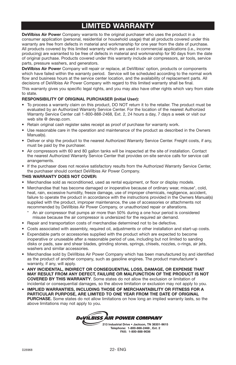 Limited warranty | DeVillbiss Air Power Company D26968 User Manual | Page 22 / 72