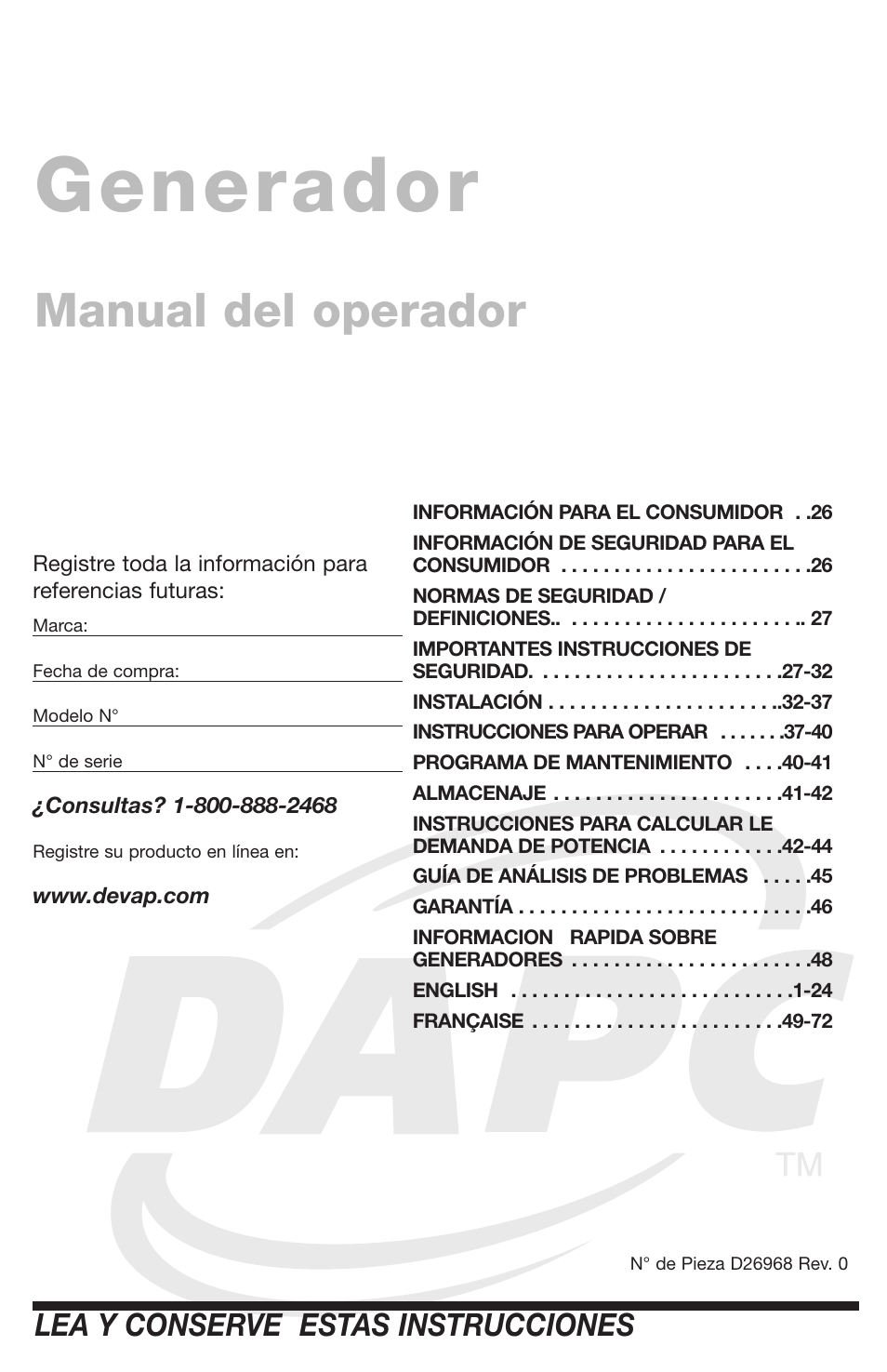 Generador, Manual del operador, Lea y conserve estas instrucciones | DeVillbiss Air Power Company D26968 User Manual | Page 25 / 72