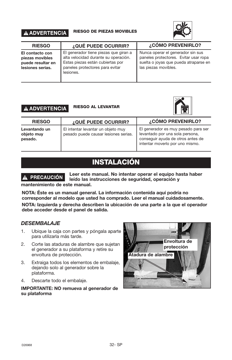 Instalación | DeVillbiss Air Power Company D26968 User Manual | Page 32 / 72