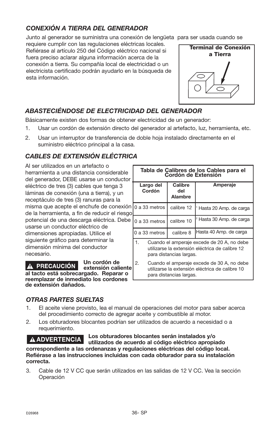 Cables de extensión eléctrica, Conexión a tierra del generador, Abasteciéndose de electricidad del generador | Otras partes sueltas | DeVillbiss Air Power Company D26968 User Manual | Page 36 / 72