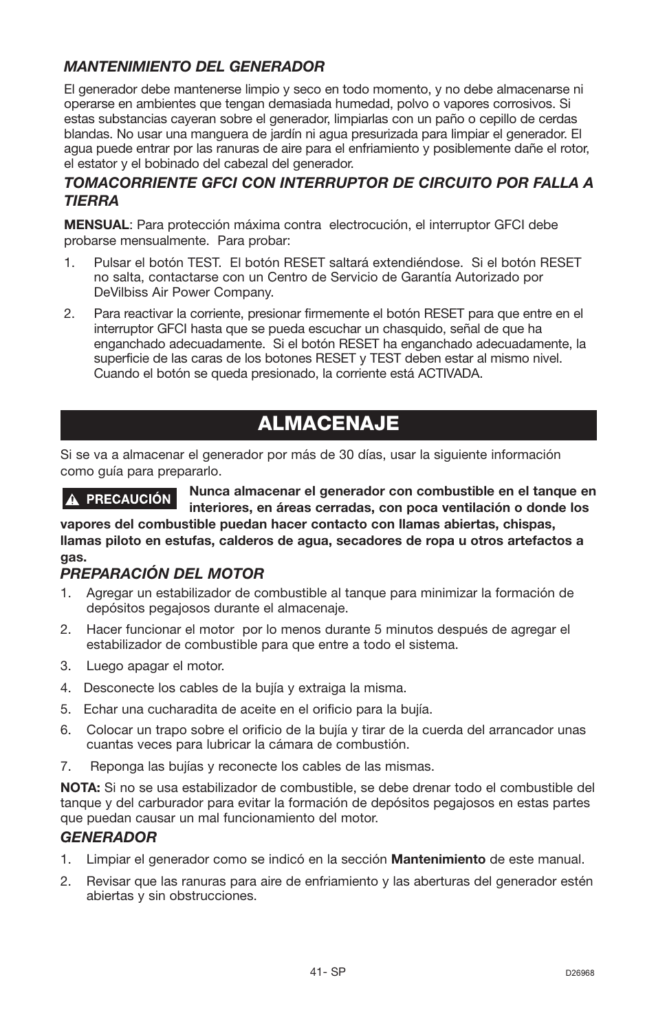 Almacenaje | DeVillbiss Air Power Company D26968 User Manual | Page 41 / 72