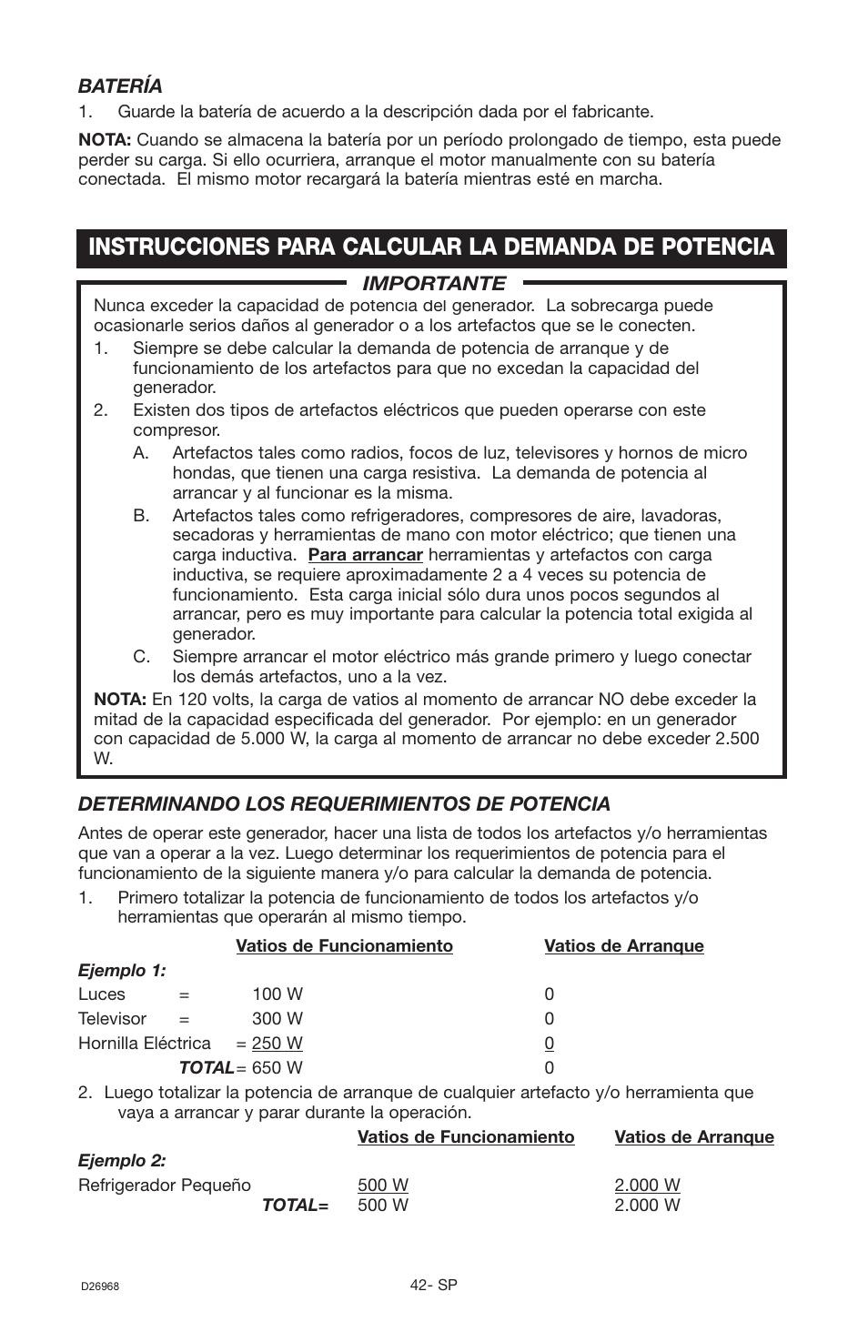 Instrucciones para calcular la demanda de potencia | DeVillbiss Air Power Company D26968 User Manual | Page 42 / 72