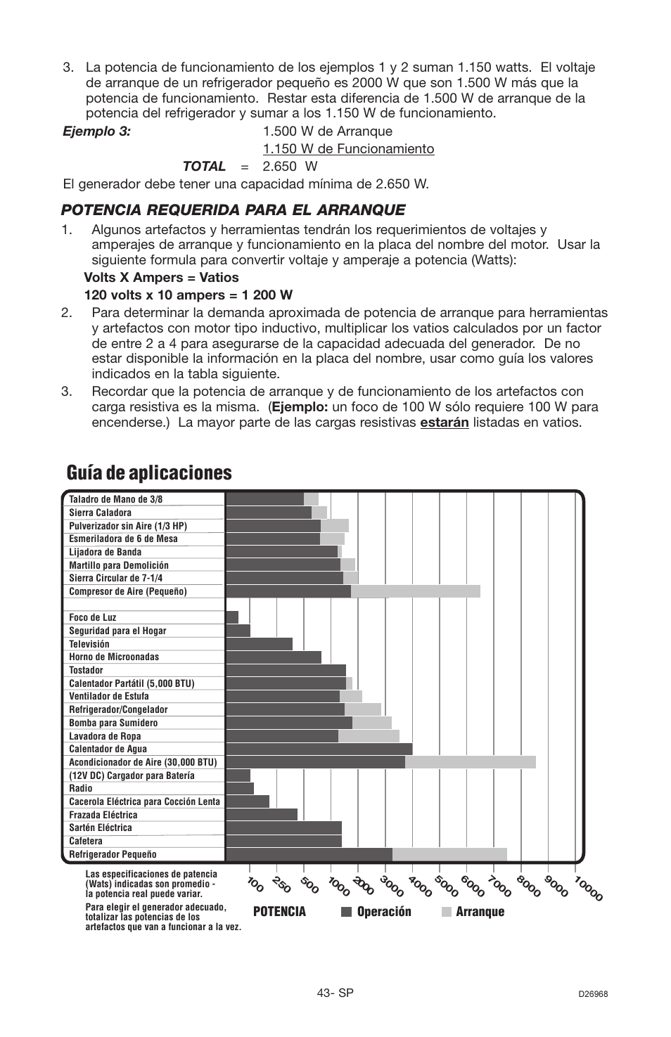 Guía de aplicaciones, Potencia requerida para el arranque | DeVillbiss Air Power Company D26968 User Manual | Page 43 / 72