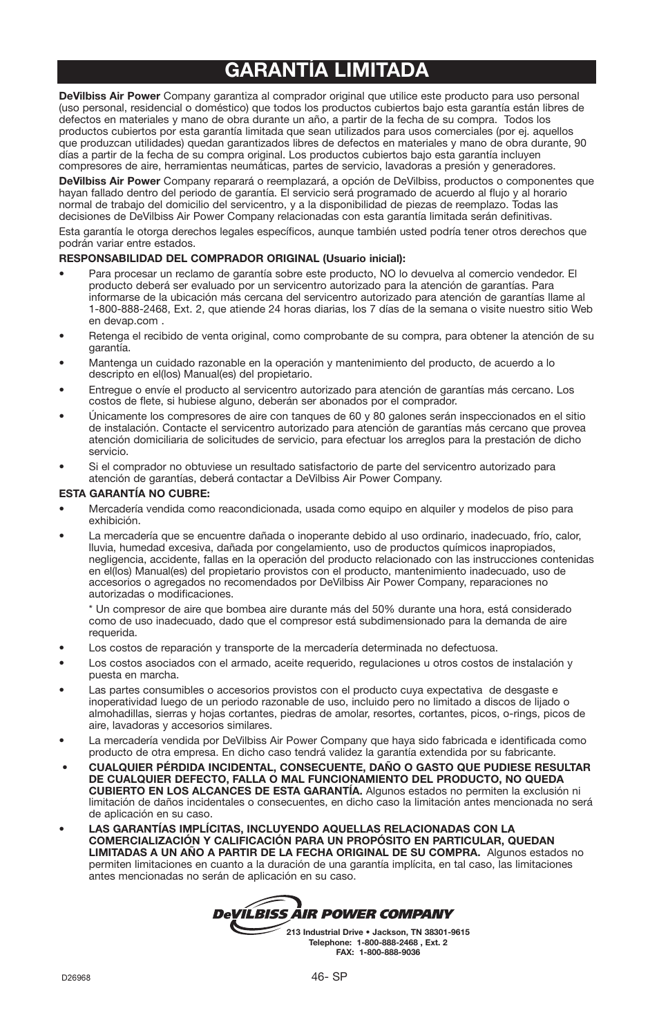 Garantía limitada | DeVillbiss Air Power Company D26968 User Manual | Page 46 / 72