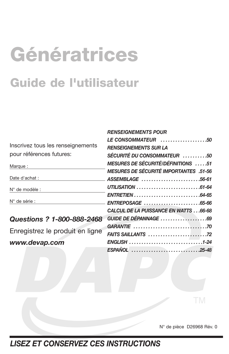 Génératrices, Guide de l'utilisateur, Lisez et conservez ces instructions | DeVillbiss Air Power Company D26968 User Manual | Page 49 / 72