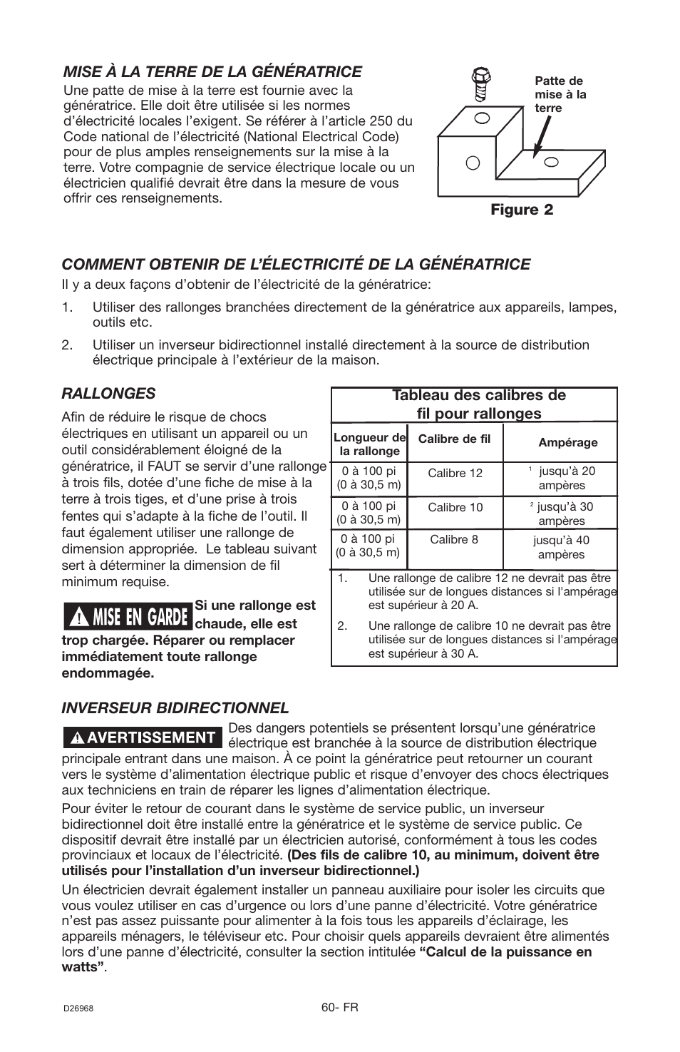 Rallonges, Comment obtenir de l’électricité de la génératrice, Mise à la terre de la génératrice | Figure 2, Tableau des calibres de fil pour rallonges, Inverseur bidirectionnel | DeVillbiss Air Power Company D26968 User Manual | Page 60 / 72