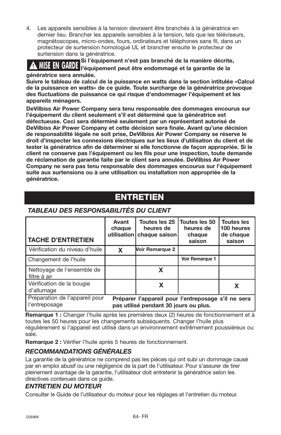 Entretien | DeVillbiss Air Power Company D26968 User Manual | Page 64 / 72