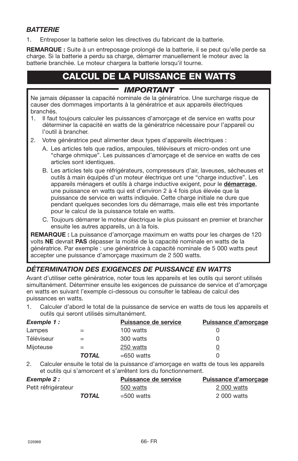 Calcul de la puissance en watts, Important | DeVillbiss Air Power Company D26968 User Manual | Page 66 / 72