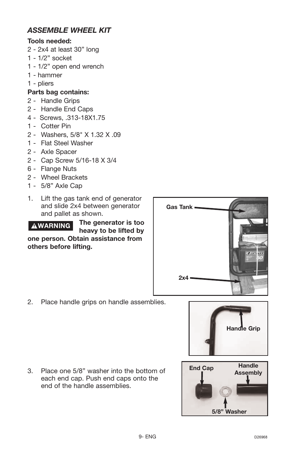 Assemble wheel kit | DeVillbiss Air Power Company D26968 User Manual | Page 9 / 72