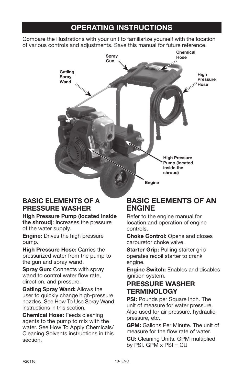 Operating instructions, Basic elements of an engine, Basic elements of a pressure washer | Pressure washer terminology | DeVillbiss Air Power Company Excell XC2600 User Manual | Page 10 / 60