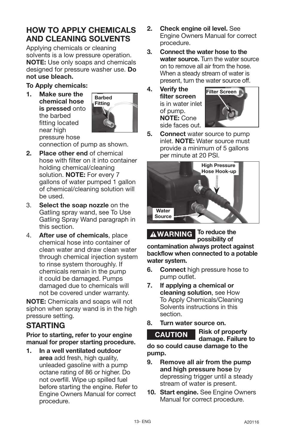 How to apply chemicals and cleaning solvents, Starting | DeVillbiss Air Power Company Excell XC2600 User Manual | Page 13 / 60