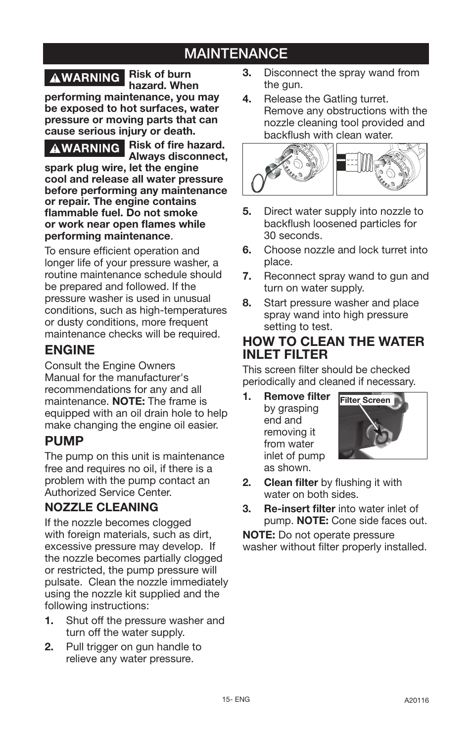 Maintenance, How to clean the water inlet filter, Engine | Pump | DeVillbiss Air Power Company Excell XC2600 User Manual | Page 15 / 60