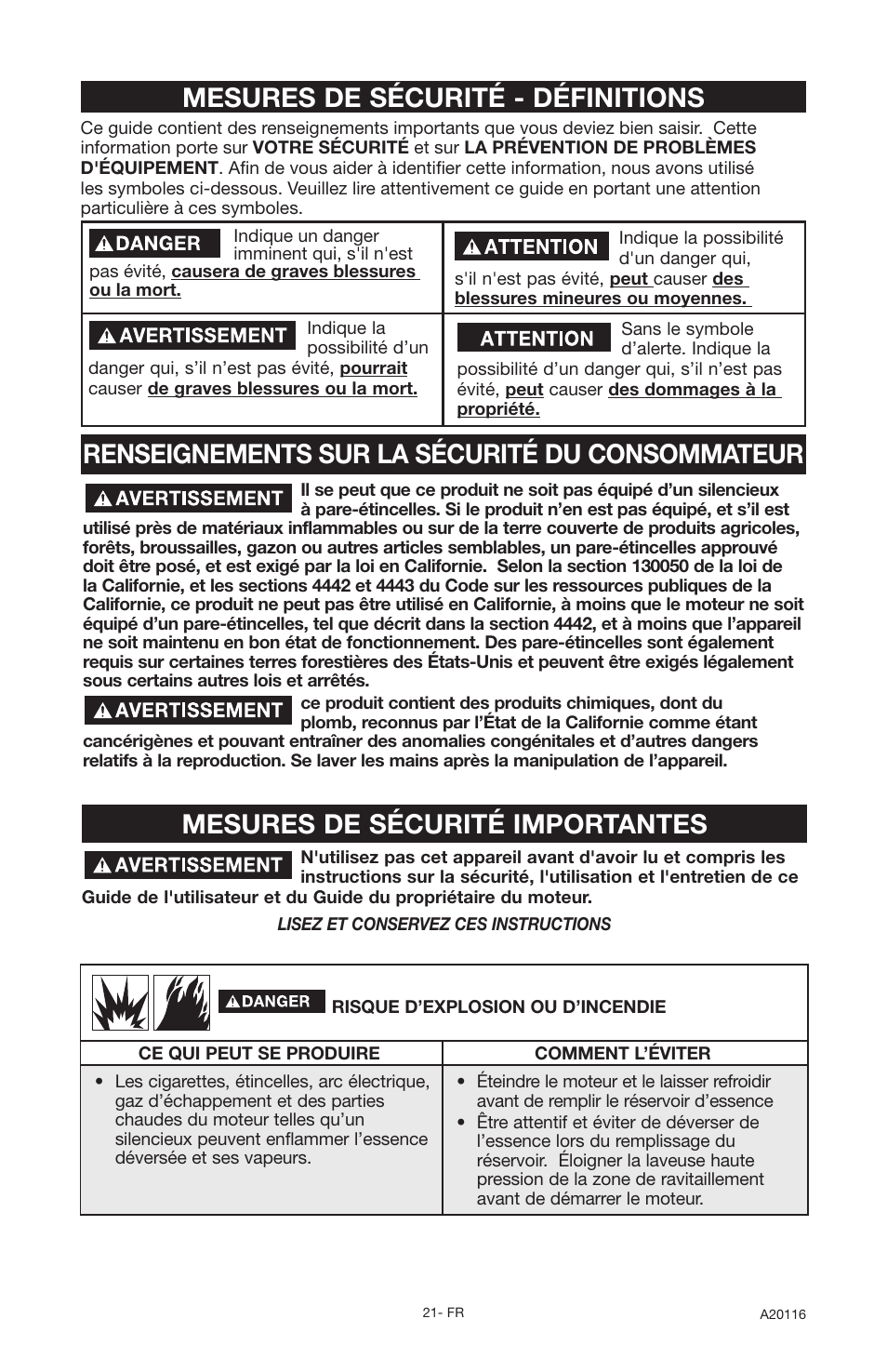 Mesures de sécurité importantes | DeVillbiss Air Power Company Excell XC2600 User Manual | Page 21 / 60