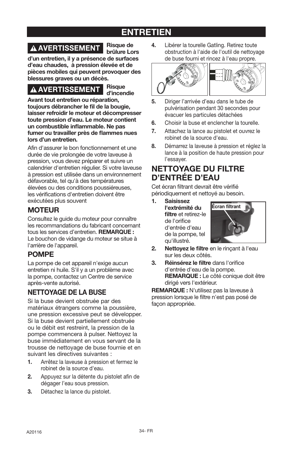 Entretien, Nettoyage du filtre d’entrée d’eau, Moteur | Pompe, Nettoyage de la buse | DeVillbiss Air Power Company Excell XC2600 User Manual | Page 34 / 60