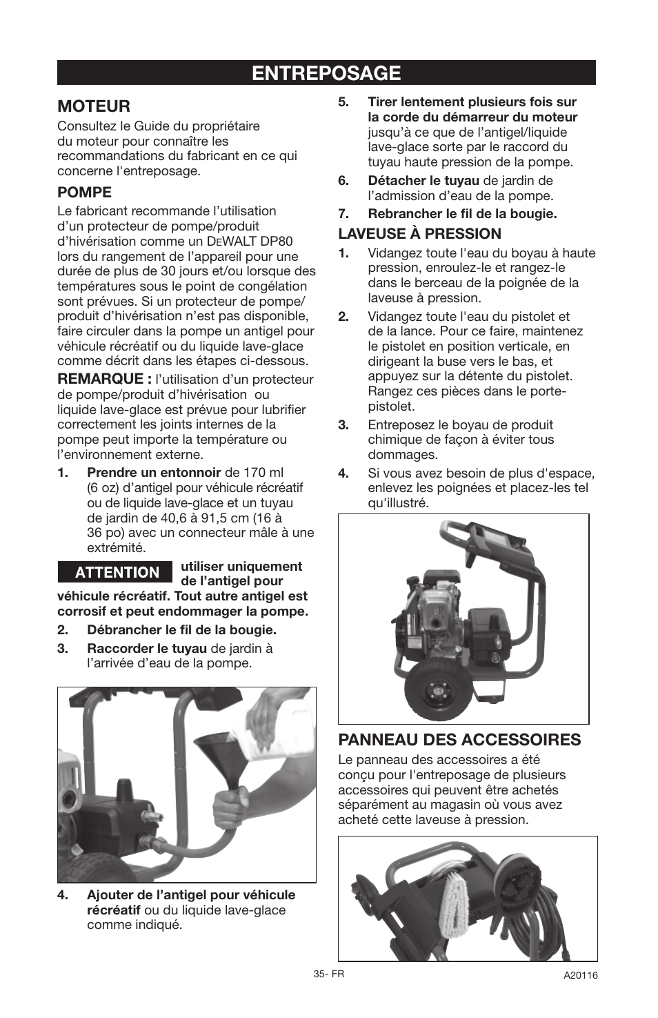 Entreposage, Panneau des accessoires, Moteur | DeVillbiss Air Power Company Excell XC2600 User Manual | Page 35 / 60