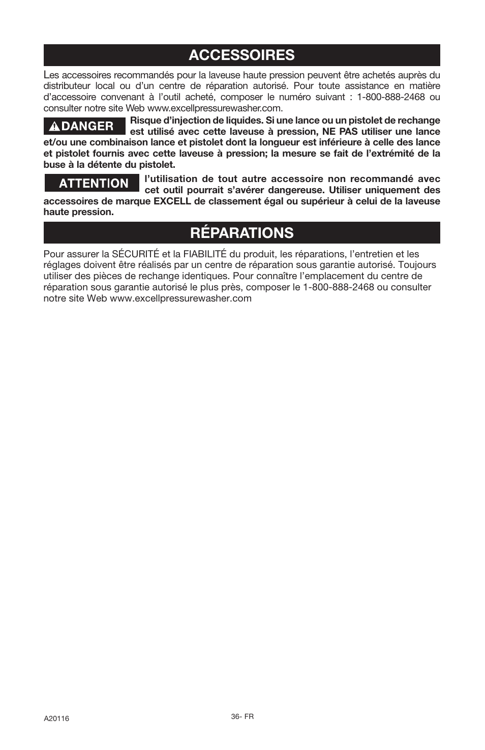 Accessoires, Réparations | DeVillbiss Air Power Company Excell XC2600 User Manual | Page 36 / 60