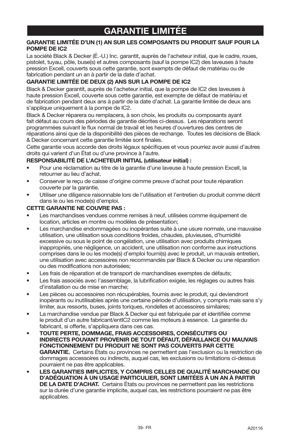 Garantie limitée | DeVillbiss Air Power Company Excell XC2600 User Manual | Page 39 / 60