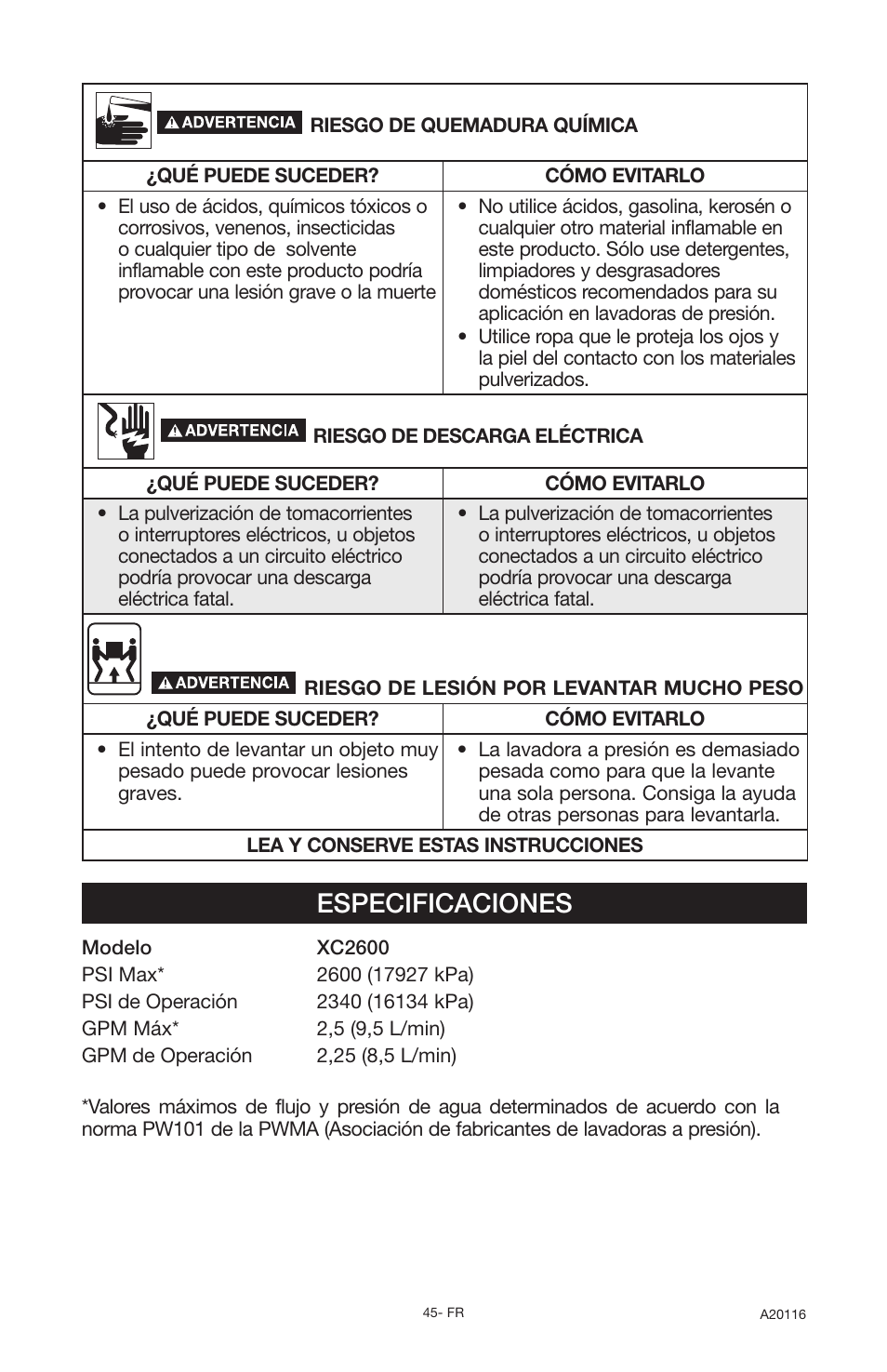 Especificaciones | DeVillbiss Air Power Company Excell XC2600 User Manual | Page 45 / 60