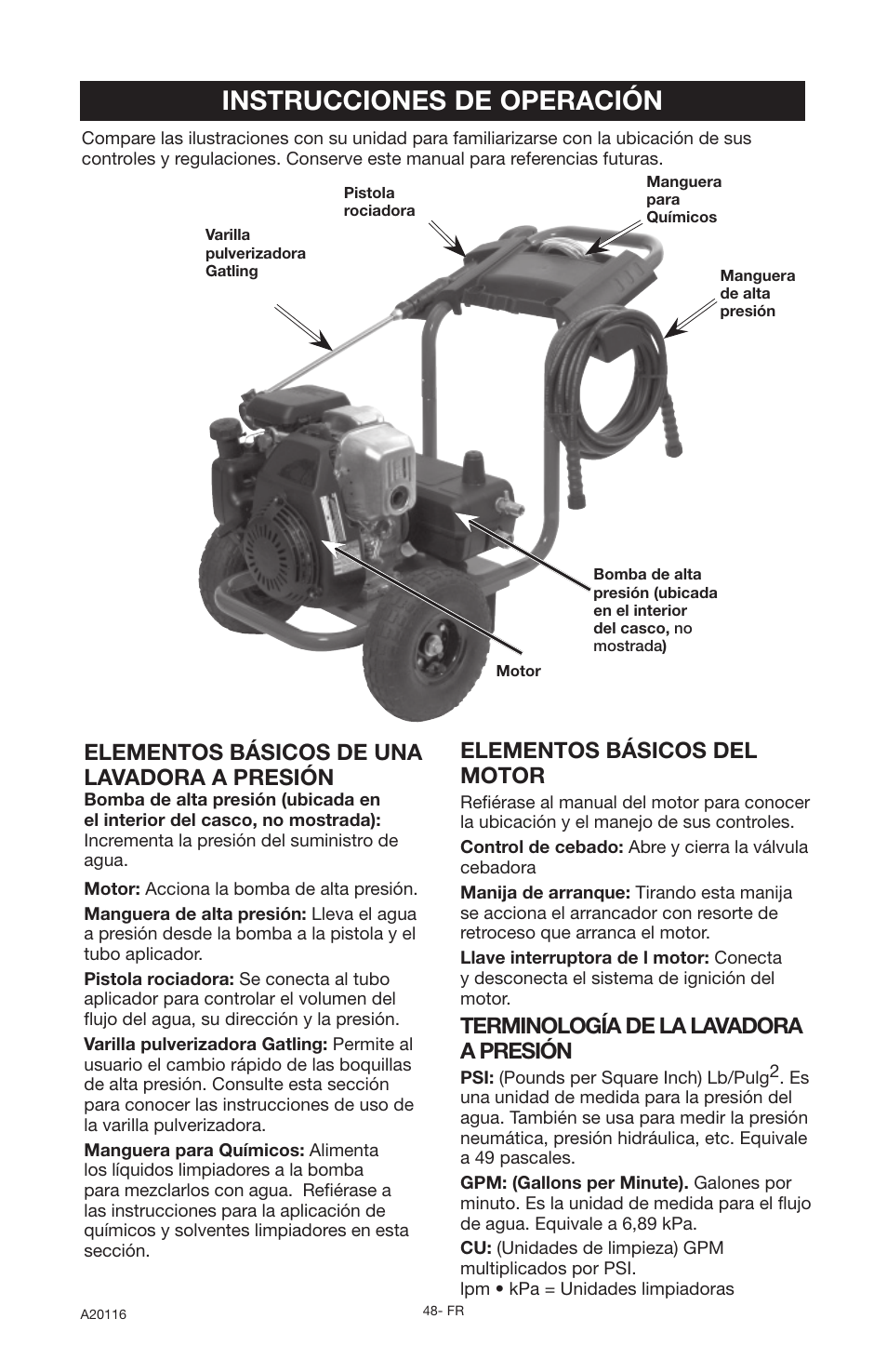 Instrucciones de operación, Elementos básicos de una lavadora a presión, Elementos básicos del motor | Terminología de la lavadora a presión | DeVillbiss Air Power Company Excell XC2600 User Manual | Page 48 / 60