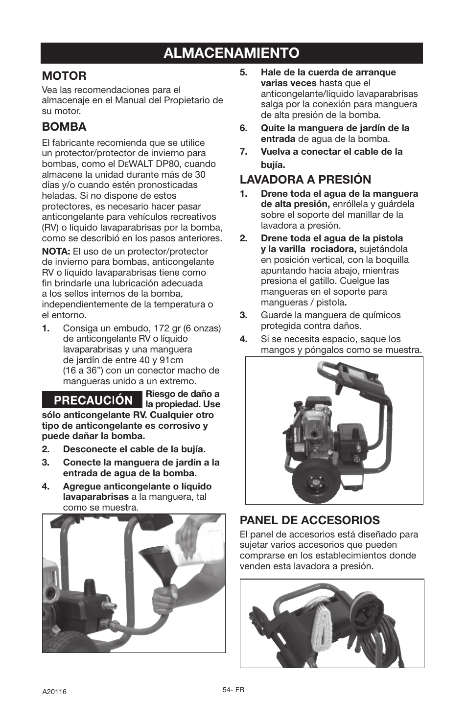 Almacenamiento, Motor, Bomba | Lavadora a presión, Panel de accesorios | DeVillbiss Air Power Company Excell XC2600 User Manual | Page 54 / 60