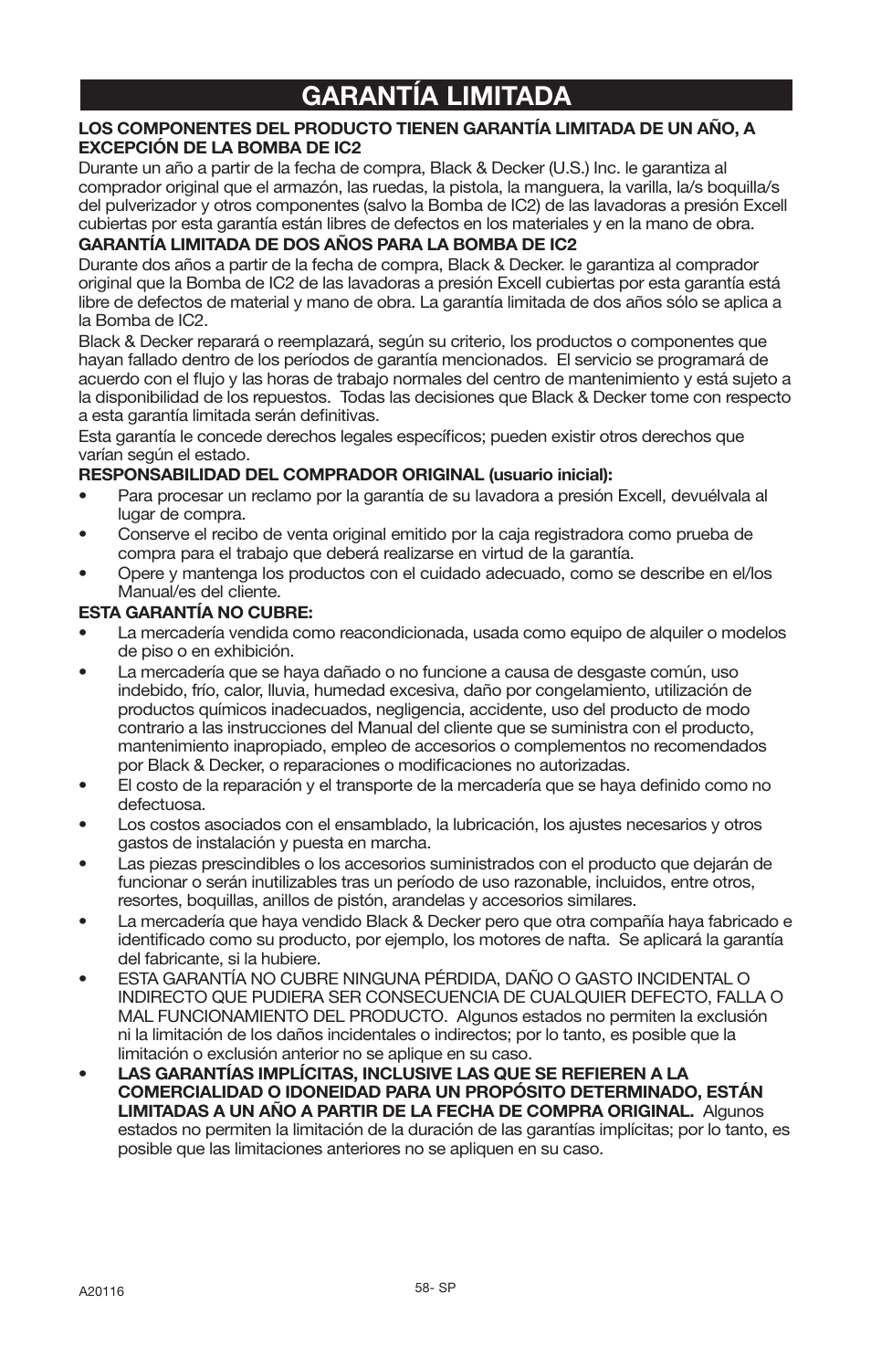 Garantía limitada | DeVillbiss Air Power Company Excell XC2600 User Manual | Page 58 / 60