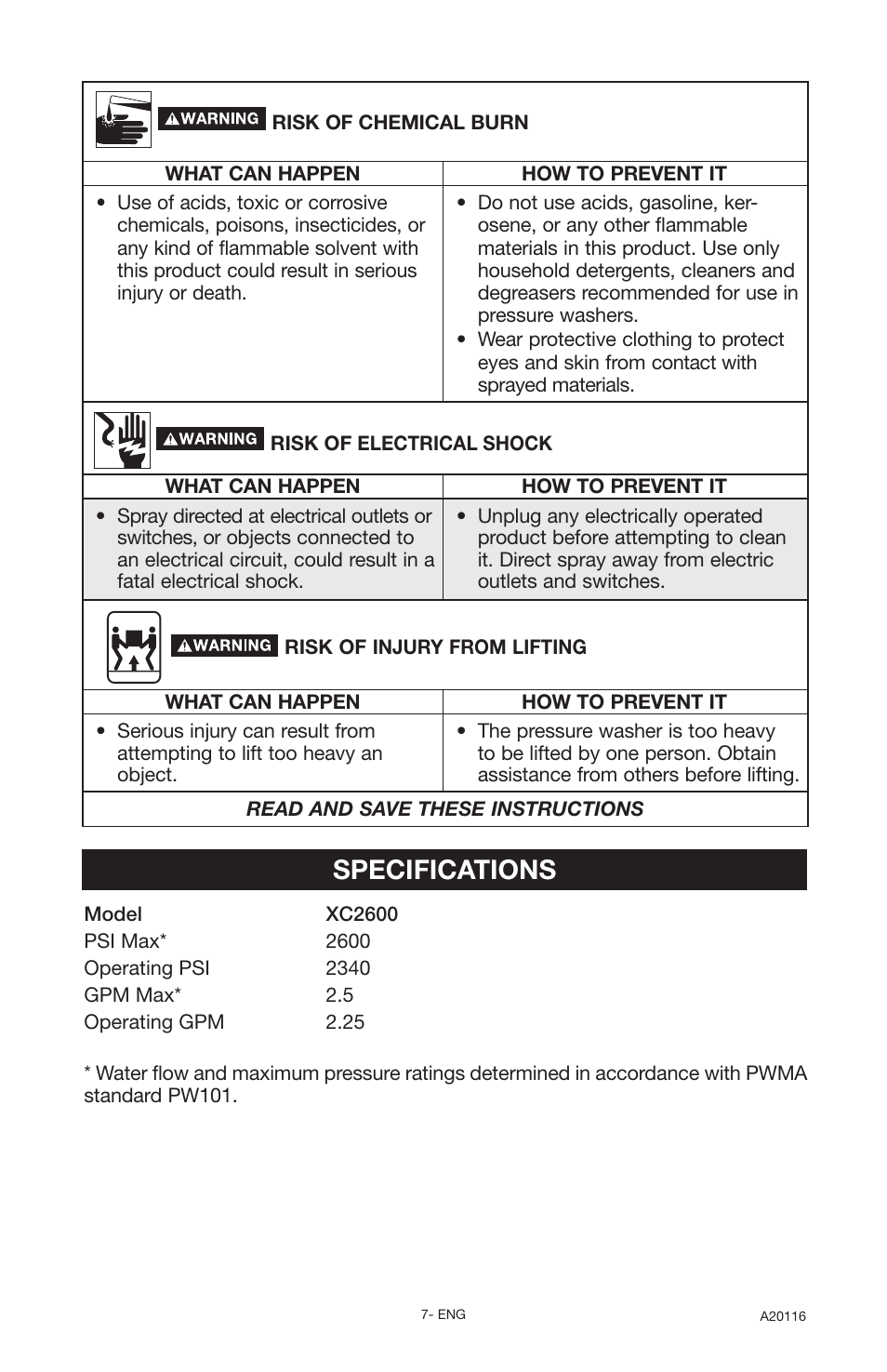 Specifications | DeVillbiss Air Power Company Excell XC2600 User Manual | Page 7 / 60
