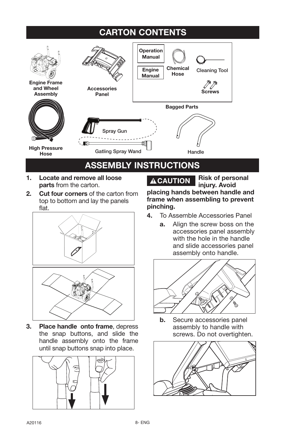 Assembly instructions, Carton contents | DeVillbiss Air Power Company Excell XC2600 User Manual | Page 8 / 60