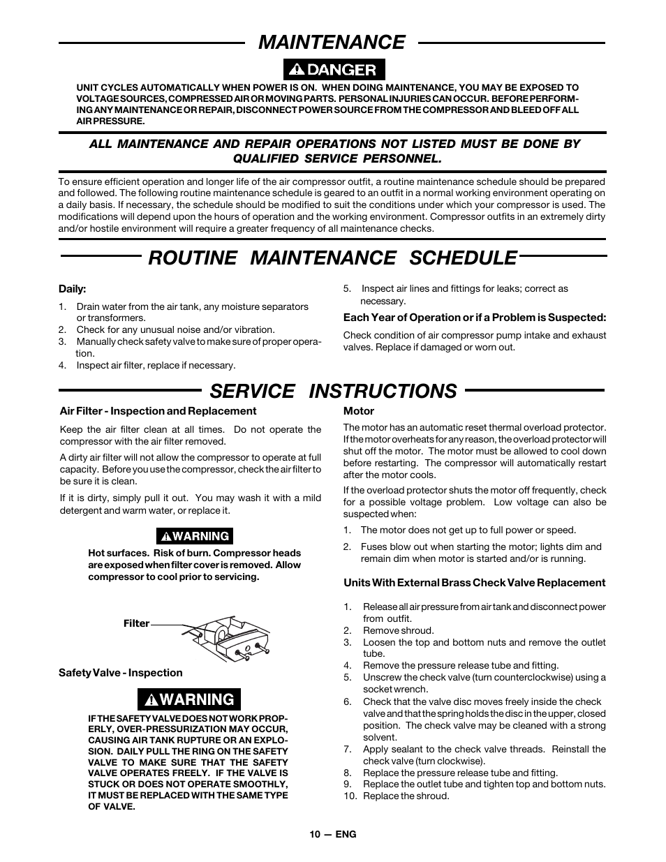 Service instructions, Maintenance, Routine maintenance schedule | DeVillbiss Air Power Company MG7-OFTWIN User Manual | Page 10 / 16