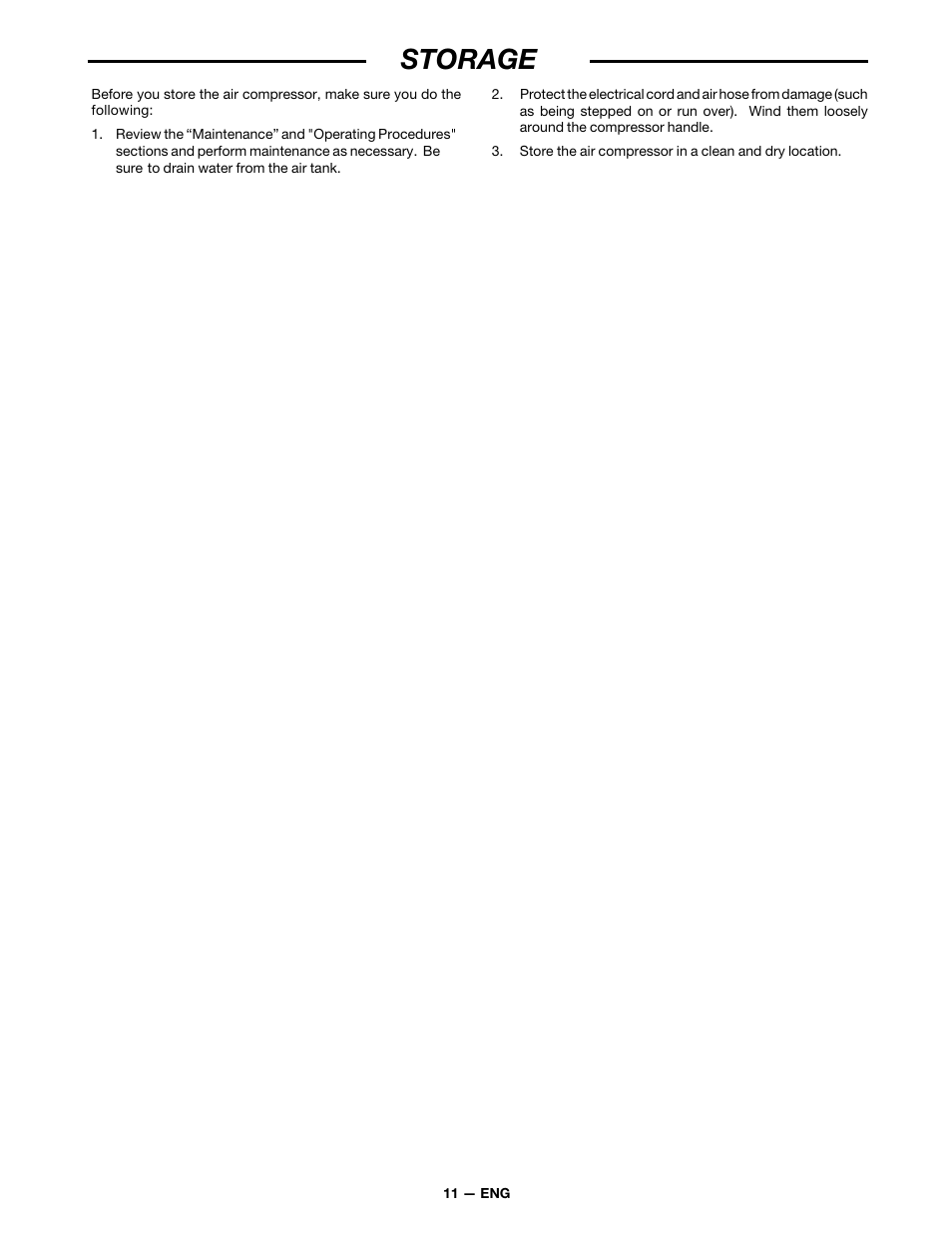 Storage | DeVillbiss Air Power Company MG7-OFTWIN User Manual | Page 11 / 16