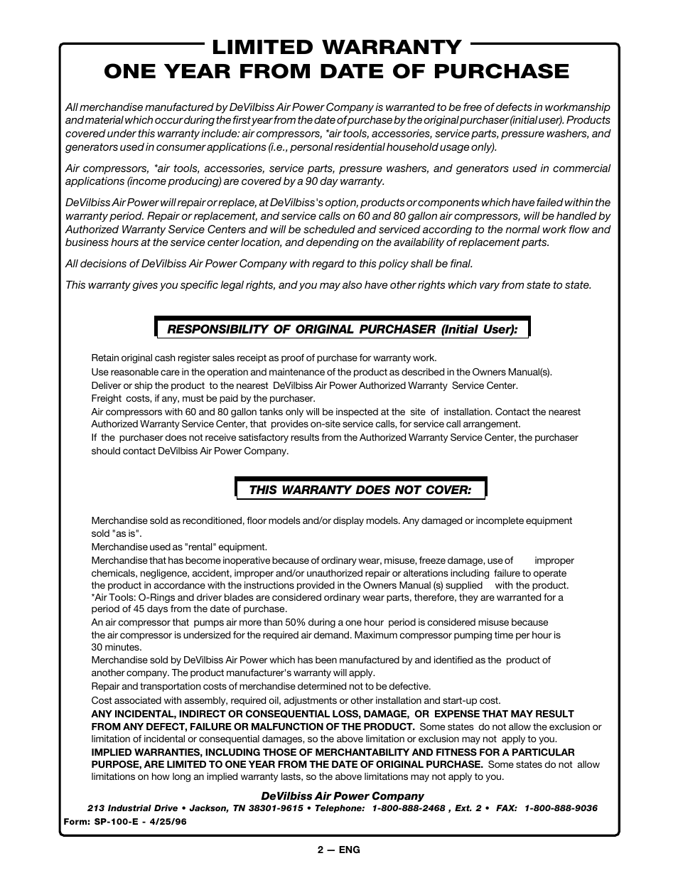 Limited warranty one year from date of purchase | DeVillbiss Air Power Company MG7-OFTWIN User Manual | Page 2 / 16