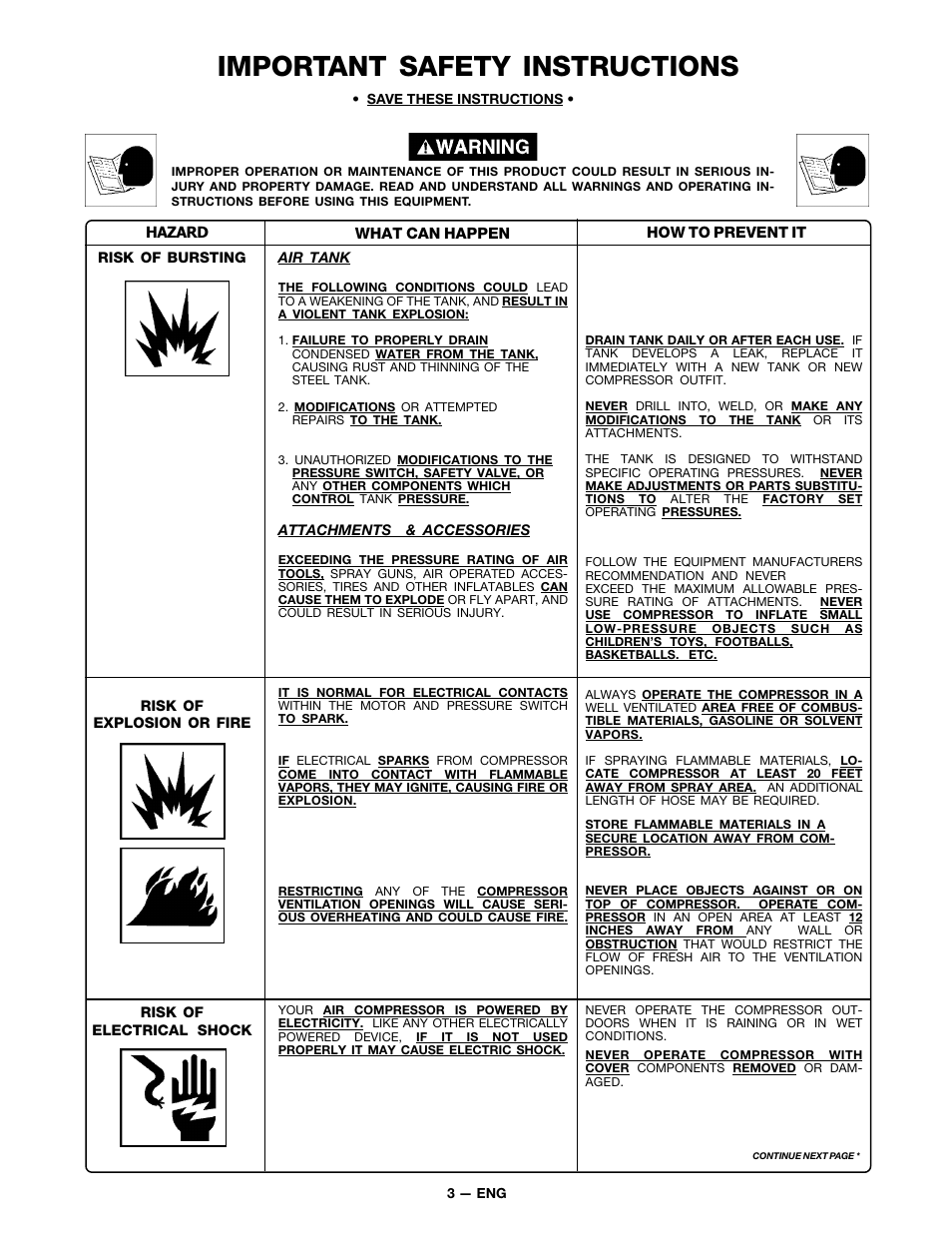 Important safety instructions | DeVillbiss Air Power Company MG7-OFTWIN User Manual | Page 3 / 16