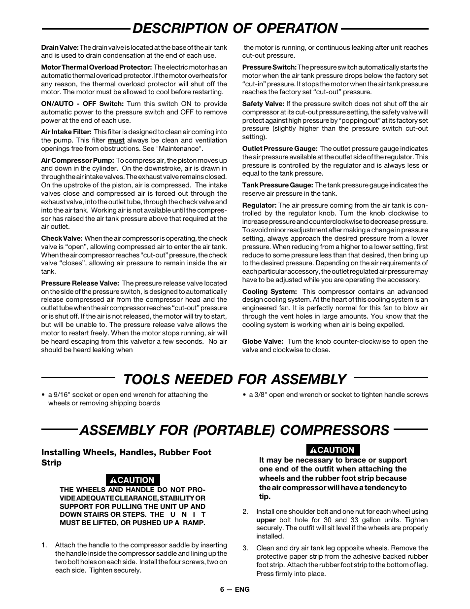 Description of operation, Tools needed for assembly, Assembly for (portable) compressors | DeVillbiss Air Power Company MG7-OFTWIN User Manual | Page 6 / 16