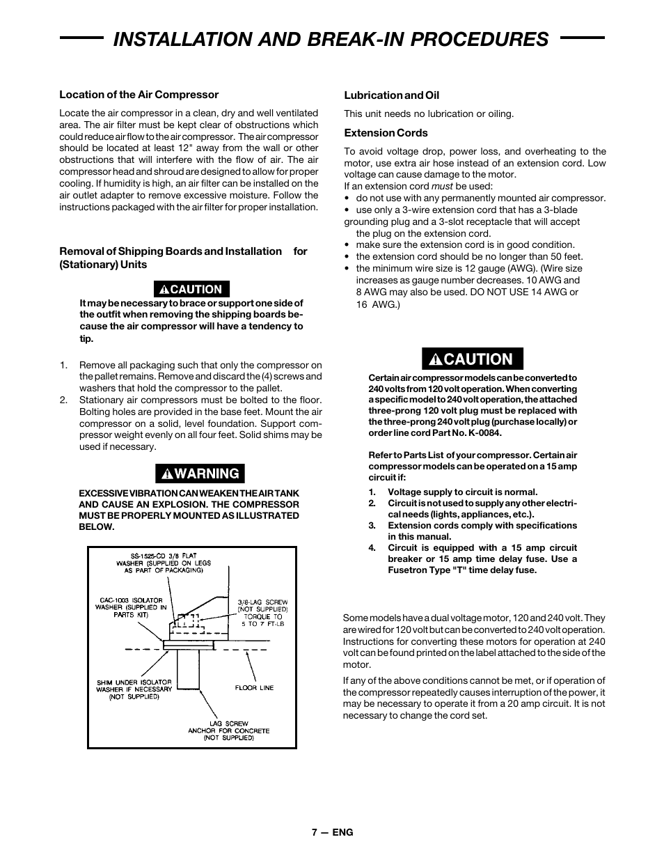 Installation and break-in procedures | DeVillbiss Air Power Company MG7-OFTWIN User Manual | Page 7 / 16